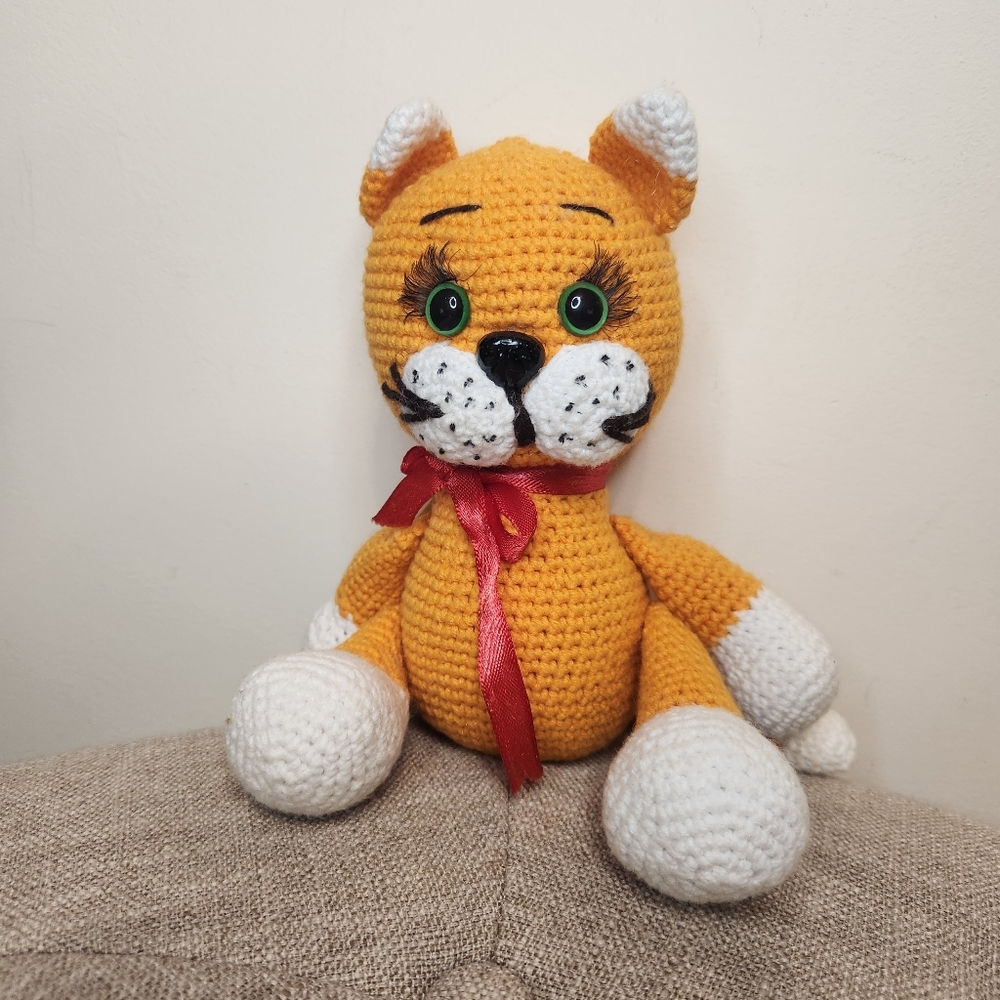 Handmade Orange and White Crochet Cat Toy